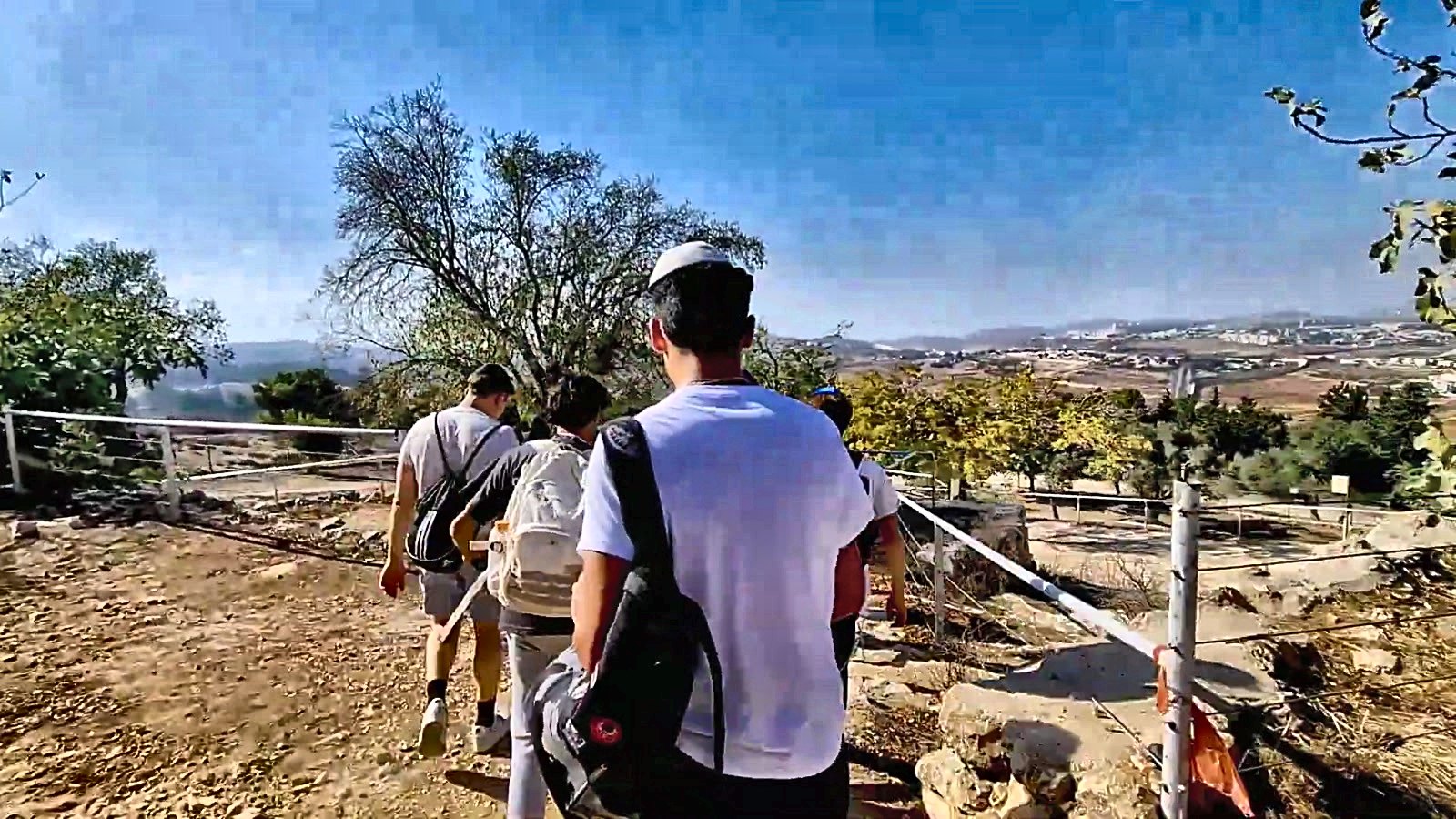 Talmidim hiking to a lookout over the hills of the north