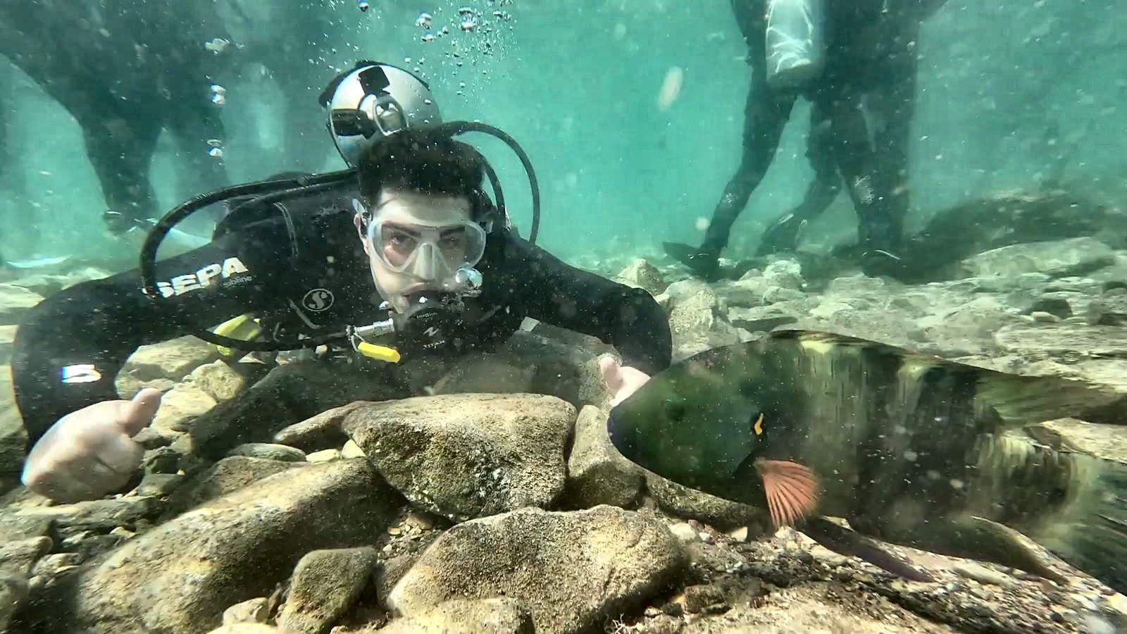 A talmid scuba diving over a reef